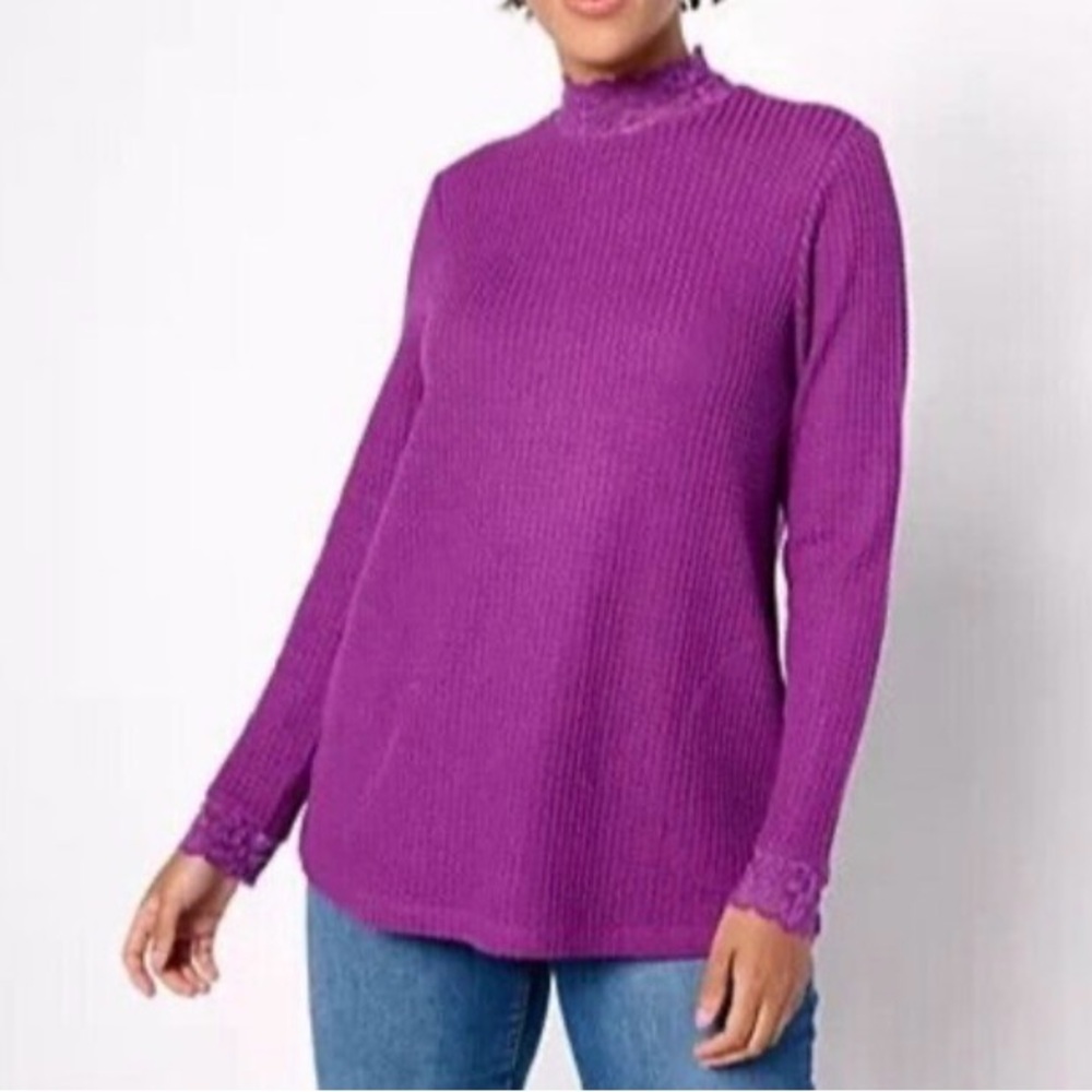 New LOGO by Lori Goldstein Metallic Waffle Mock Neck Top Sparkling Grape / M